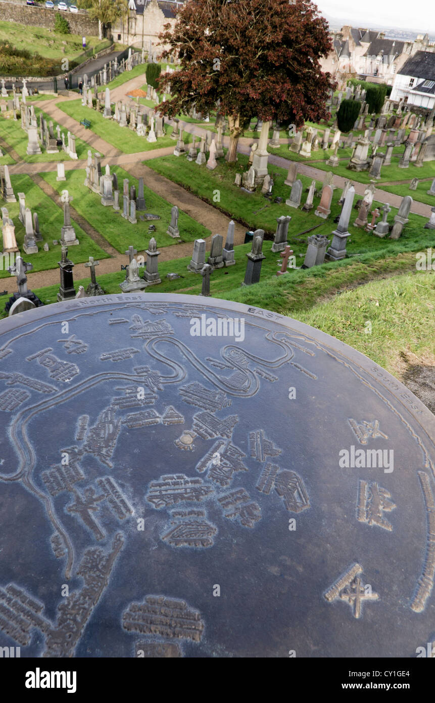 Viewpoint indicator and Old Town Graveyard on Ladies' Rock at Church of the Holy Rude in Stirling, Scotland Stock Photo