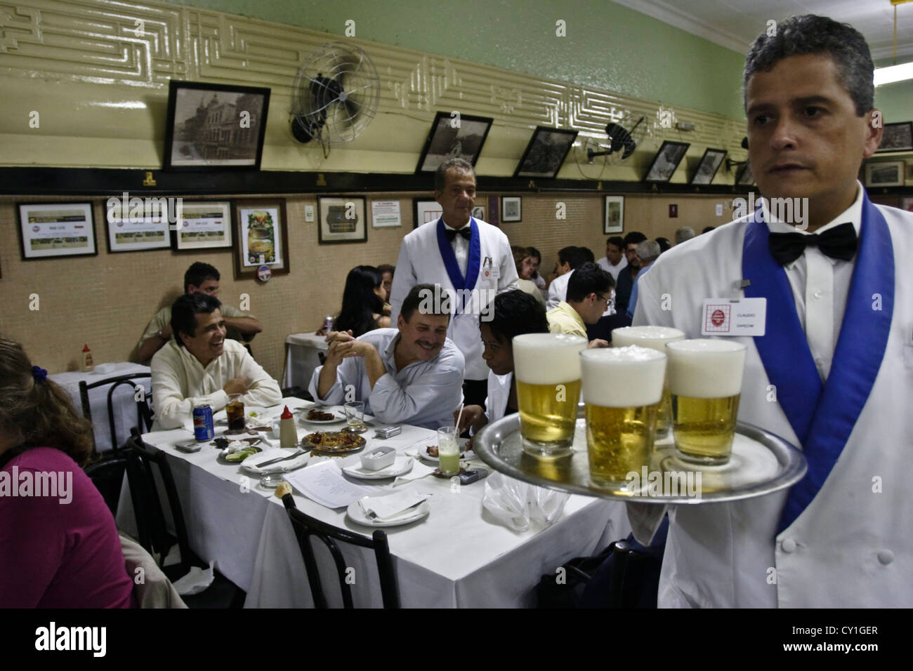 Chope, canned draught beer at Bar Luiz, downtown Rio de Janeiro nightlife, Brazil Carioca lifestyle Stock Photo