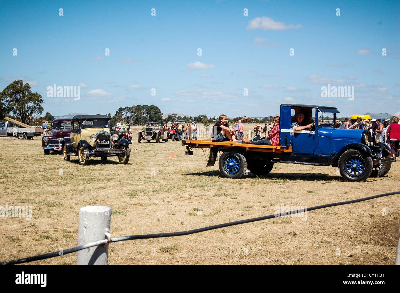 Vintage vehicle parade at annual Clunes Show in small rural town of Clunes, Australia. Stock Photo
