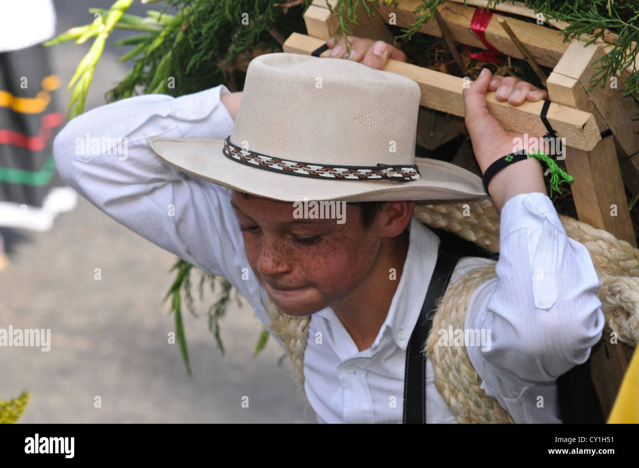A boy carries flowers on his back from the mountains for the parade. Stock Photo