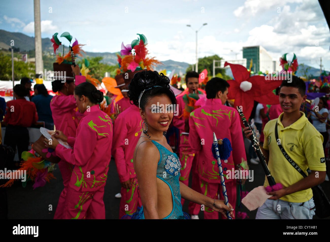 A young performer pauses for a photo during the Silleteros Parade. Stock Photo
