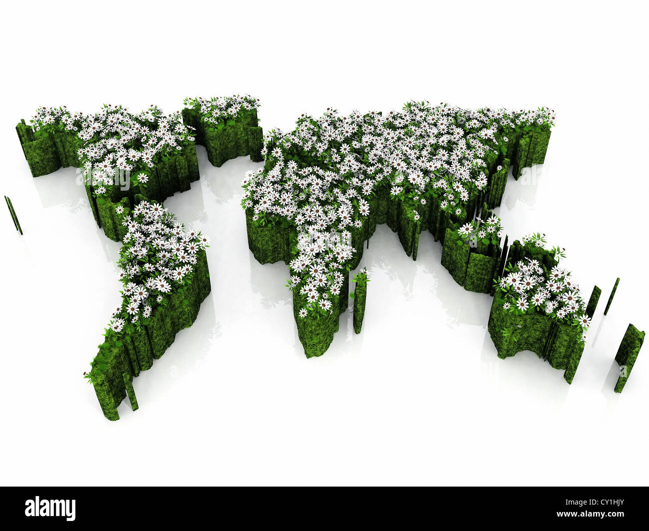 Earth map with grass and flowers Stock Photo