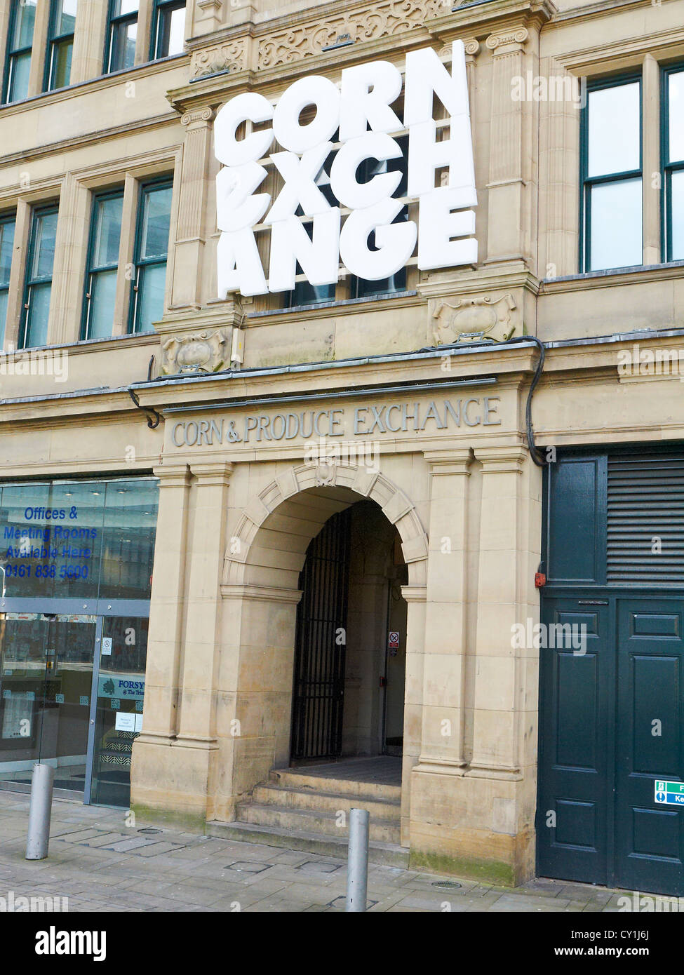 Entrance to Corn Exchange with logo in Manchester UK Stock Photo