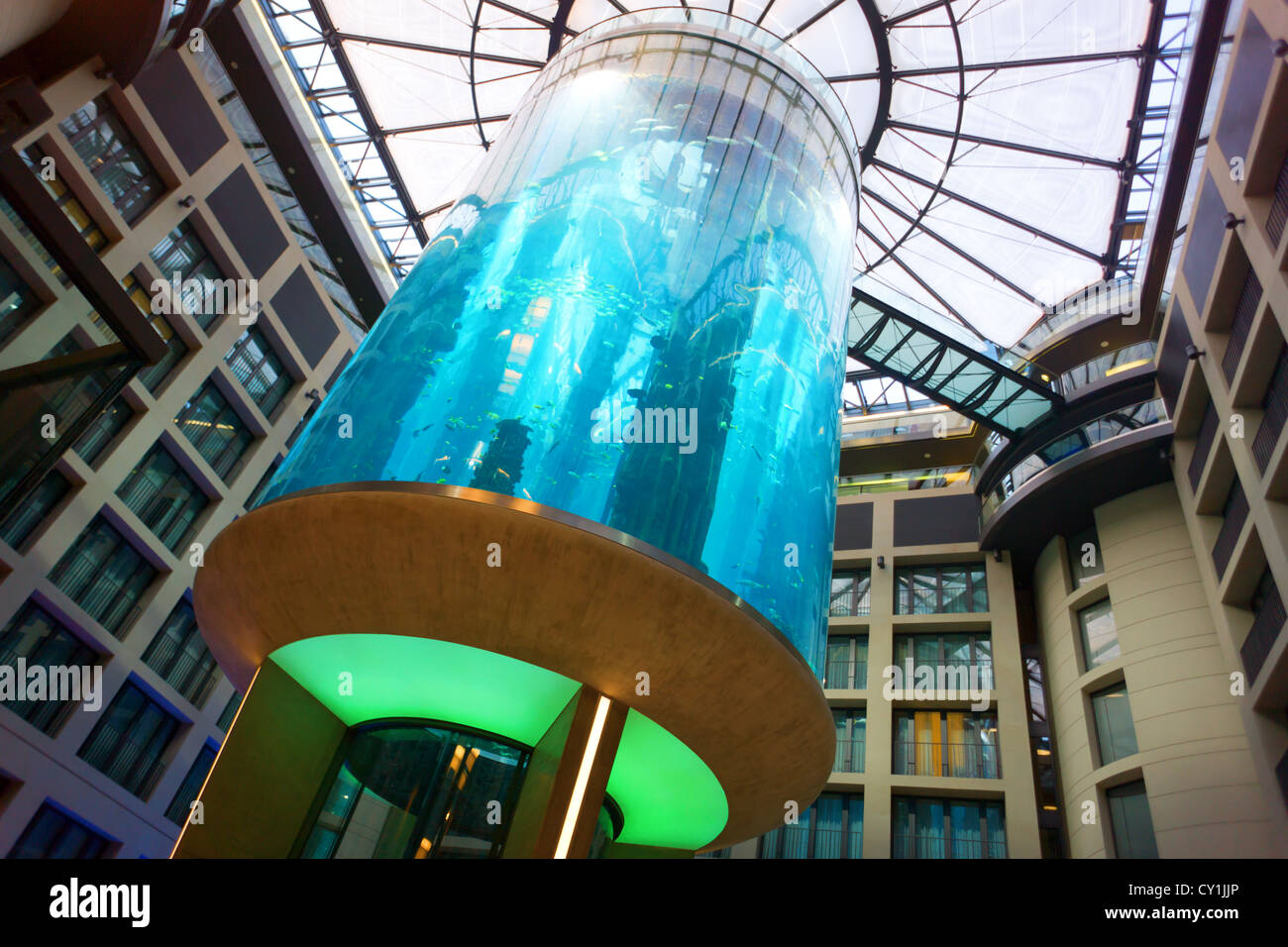 World’s Largest Cylindrical Aquarium, at the Radisson SAS hotel in Berlin Mitte, Germany. Stock Photo
