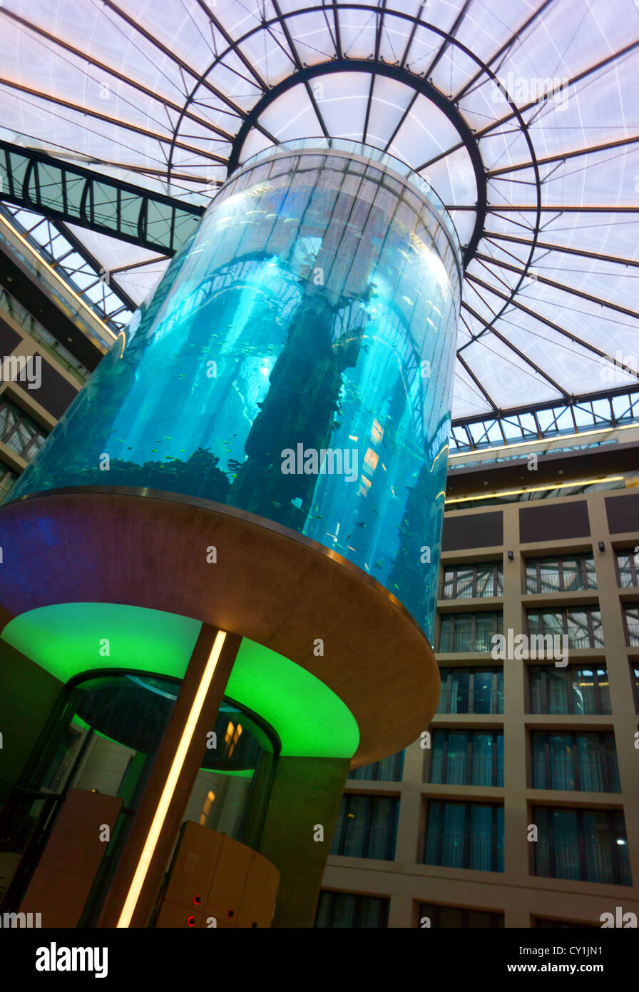 World’s Largest Cylindrical Aquarium, at the Radisson SAS hotel in Berlin Mitte, Germany. Stock Photo