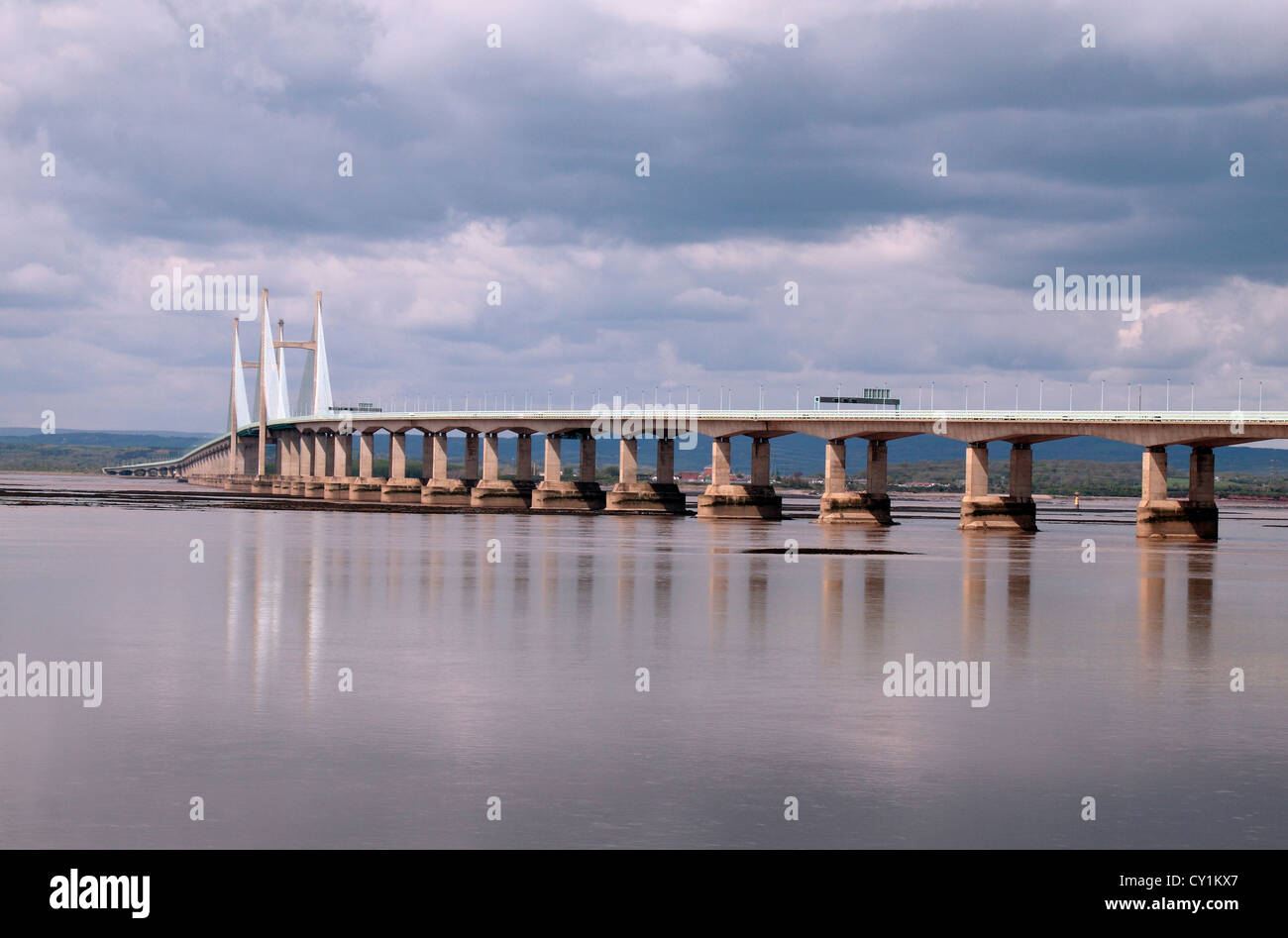 The Second Severn Crossing toll bridge viewed from Severn Beach, South Gloucestershire, UK. Stock Photo