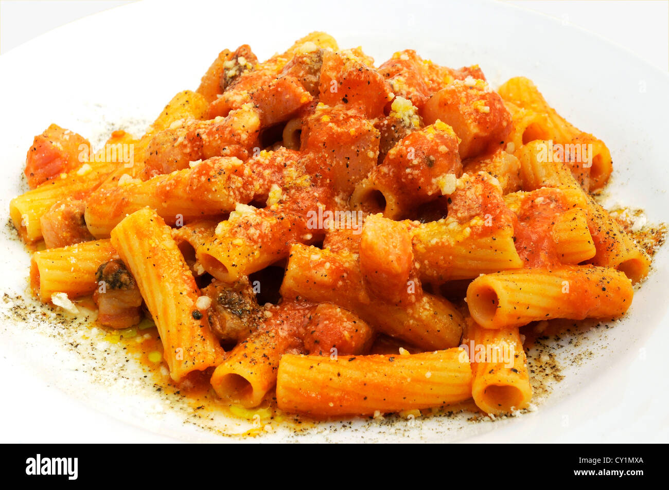 Rigatoni all'amatriciana on a white background Stock Photo