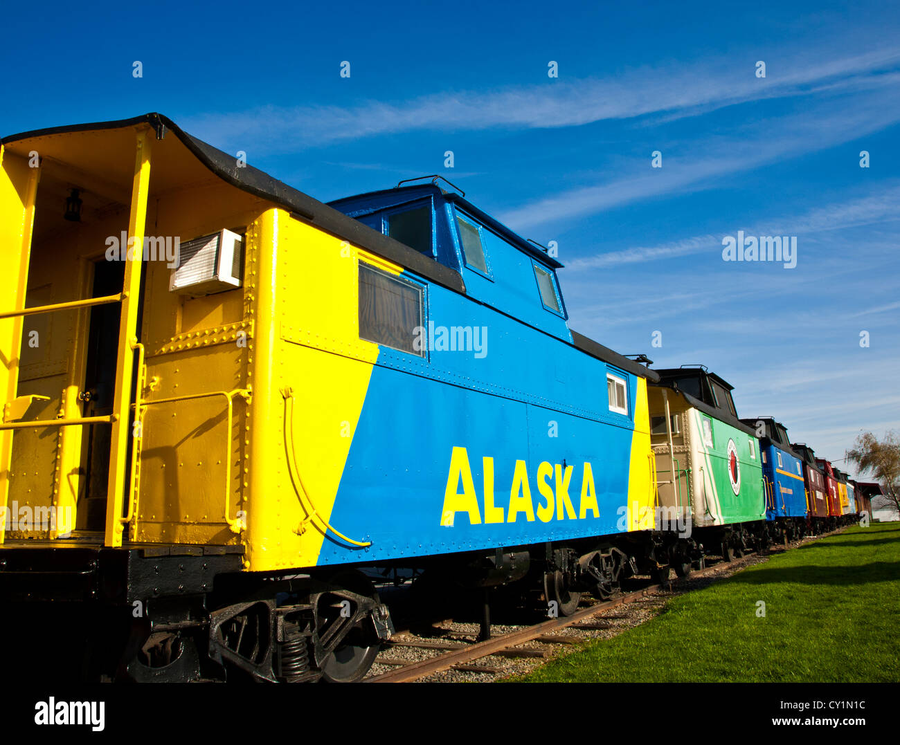 Antique railroad freight train caboose motel lodging close up in the Amish country of Lancaster