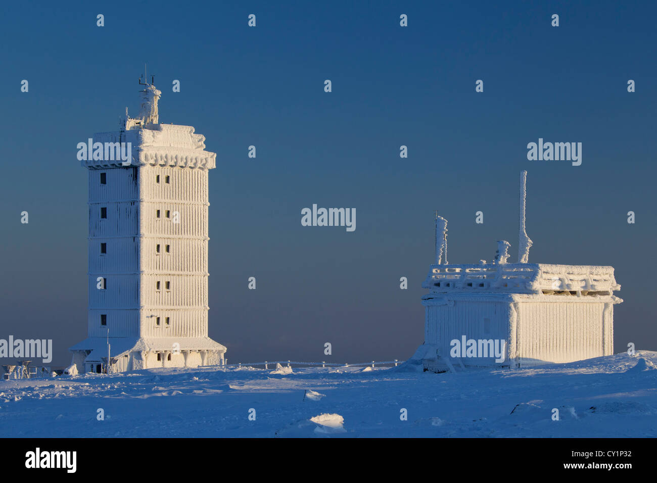 The Brocken weather station on the Brocken in the snow in winter, Harz National Park, Saxony-Anhalt, Germany Stock Photo