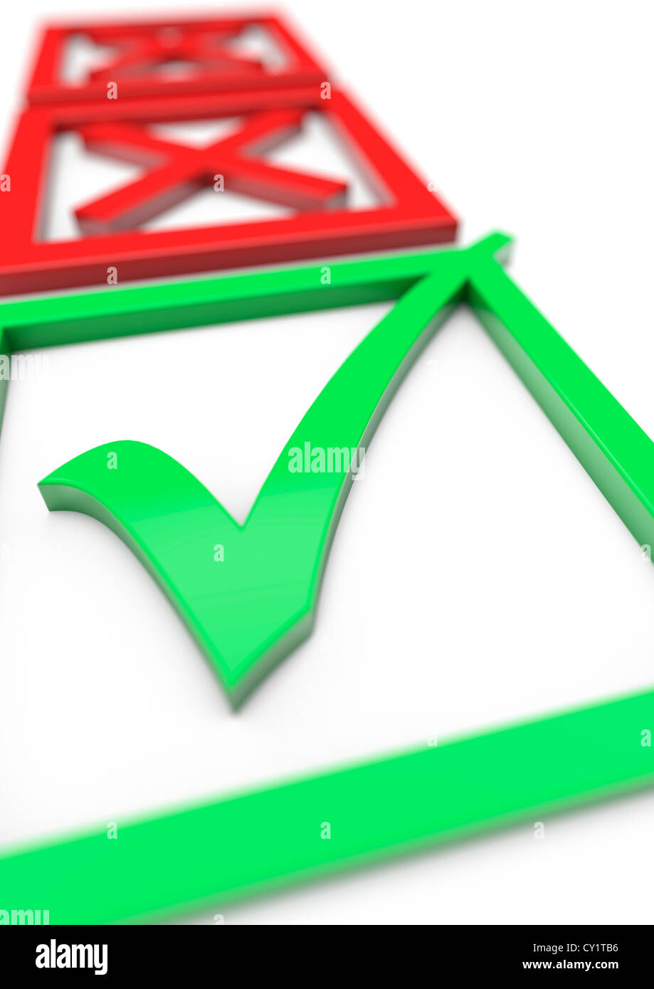 3D render of a filled in Voting slip with two red crosses in the background and a green tick in the foreground - Concept image Stock Photo