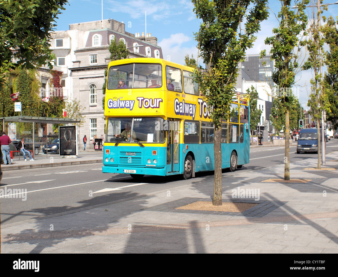 Galway City Tour Bus departing Eyre Square for a sight-seeing trip around historic Galway City and in the West of Ireland. Stock Photo