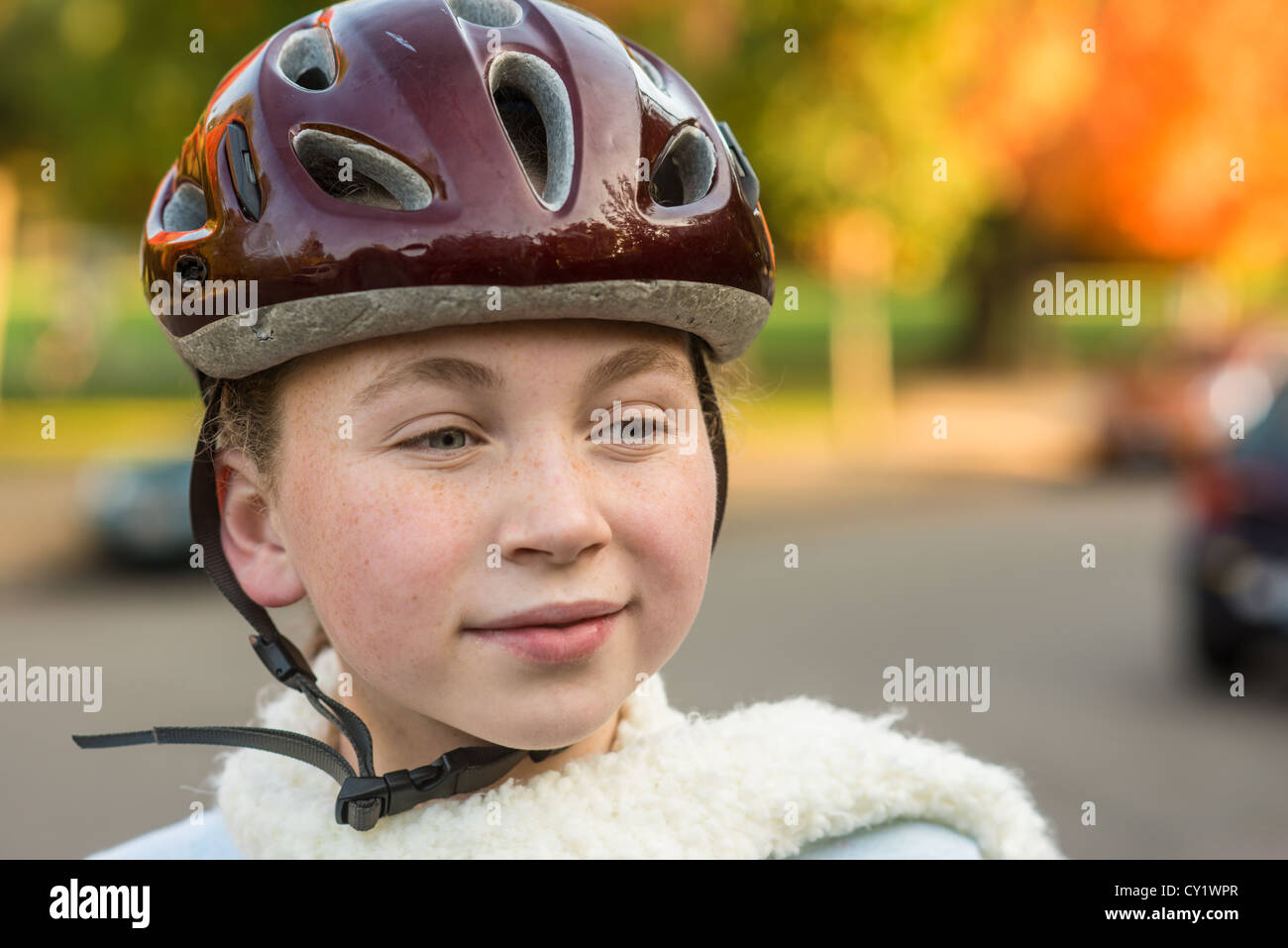 young girl in bicycle helmet Stock Photo Alamy