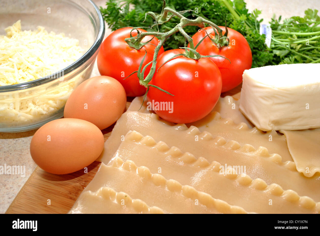 Ingredients;Lasagna Noodles, Tomato, Eggs and Cheese Stock Photo Alamy