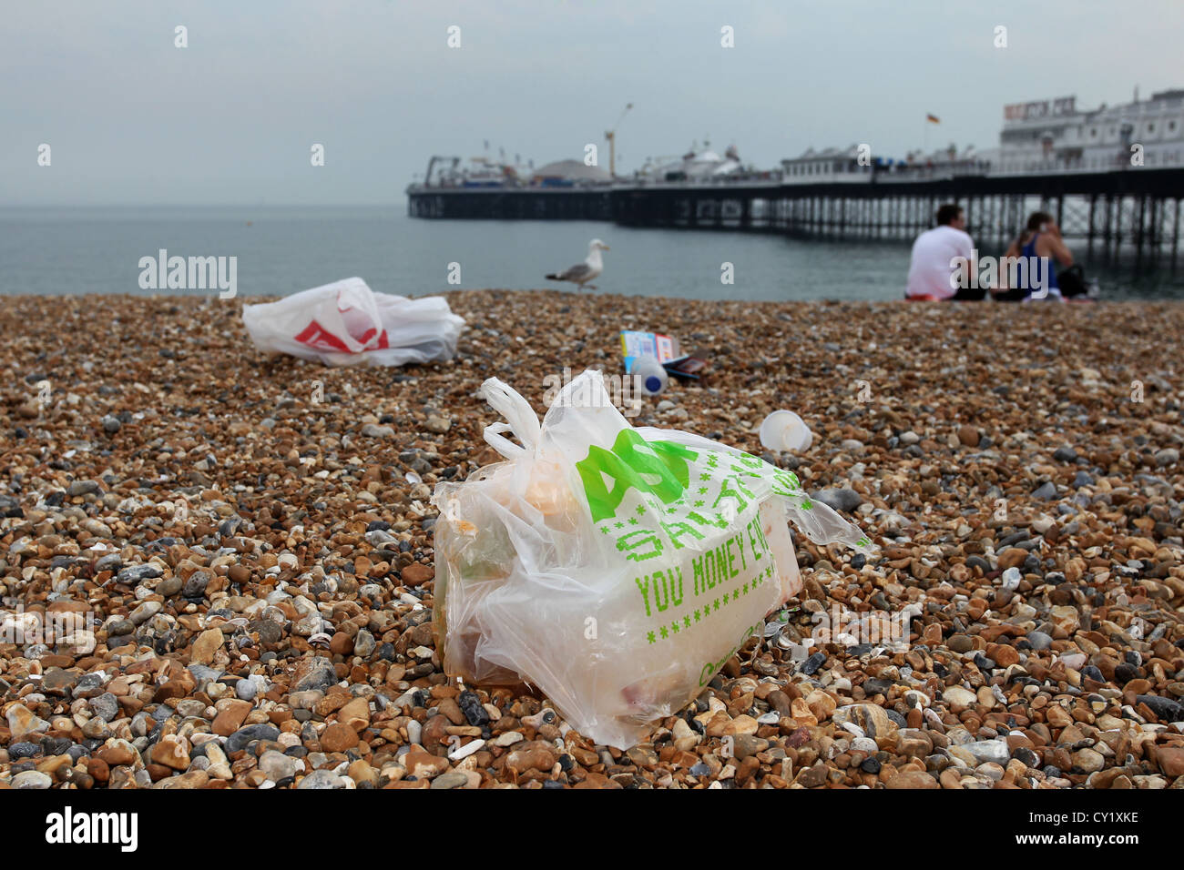 Rubbish all over Brighton Beach close to the Brighton (Palace) Pier