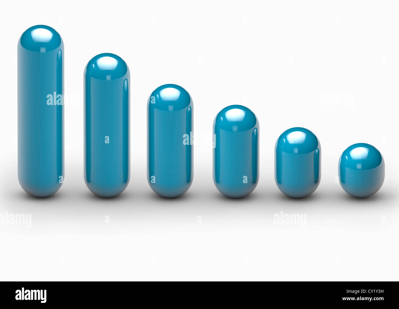 Series of shiny blue capsules forming a descending graph - 3D render - Concept image Stock Photo