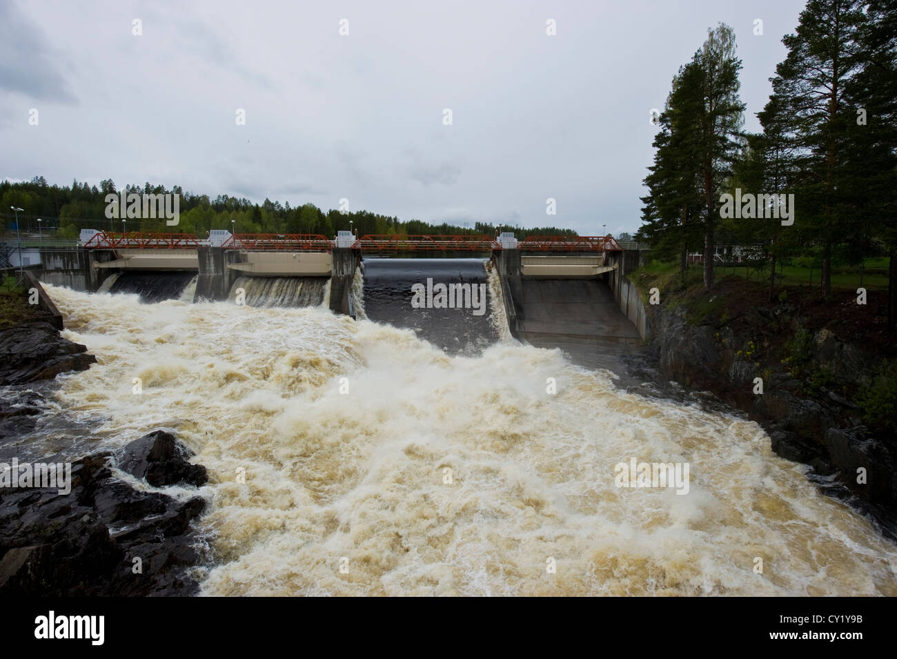 Lock on the Skellefte River (Swedish: Skellefteälven or Skellefte älv) in northern Sweden, one of the major Norrland rivers. Stock Photo