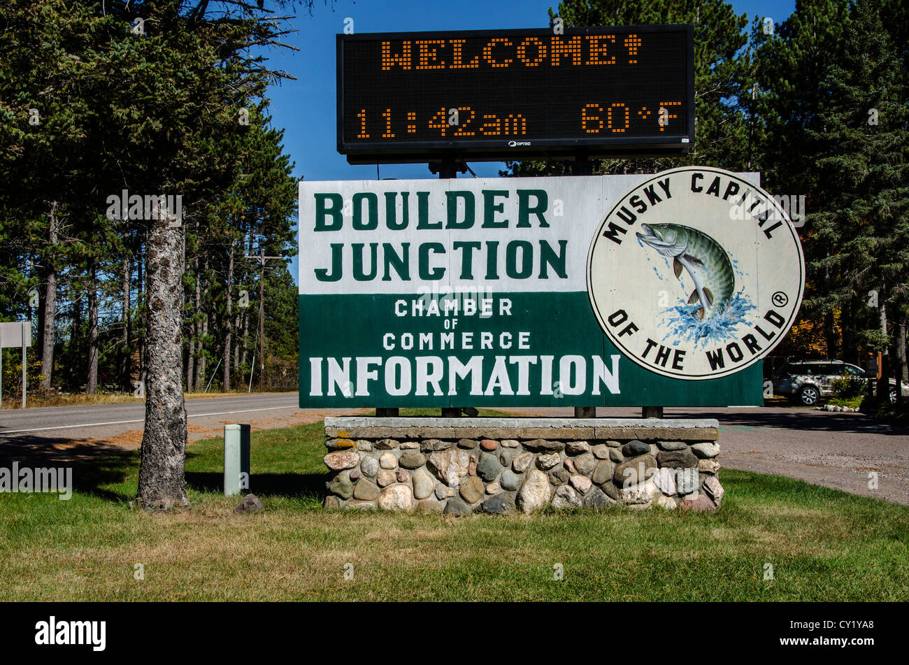 Welcome sign for Boulder Junction, the Musky Capital of the World, in the Northwoods of Wisconsin Stock Photo