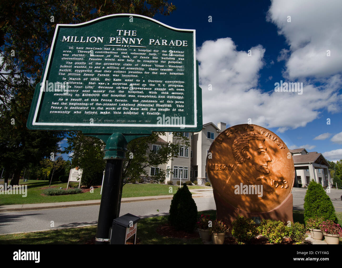 The World's Largest Penny in the Northwoods town of Woodruff, Wisconsin Stock Photo