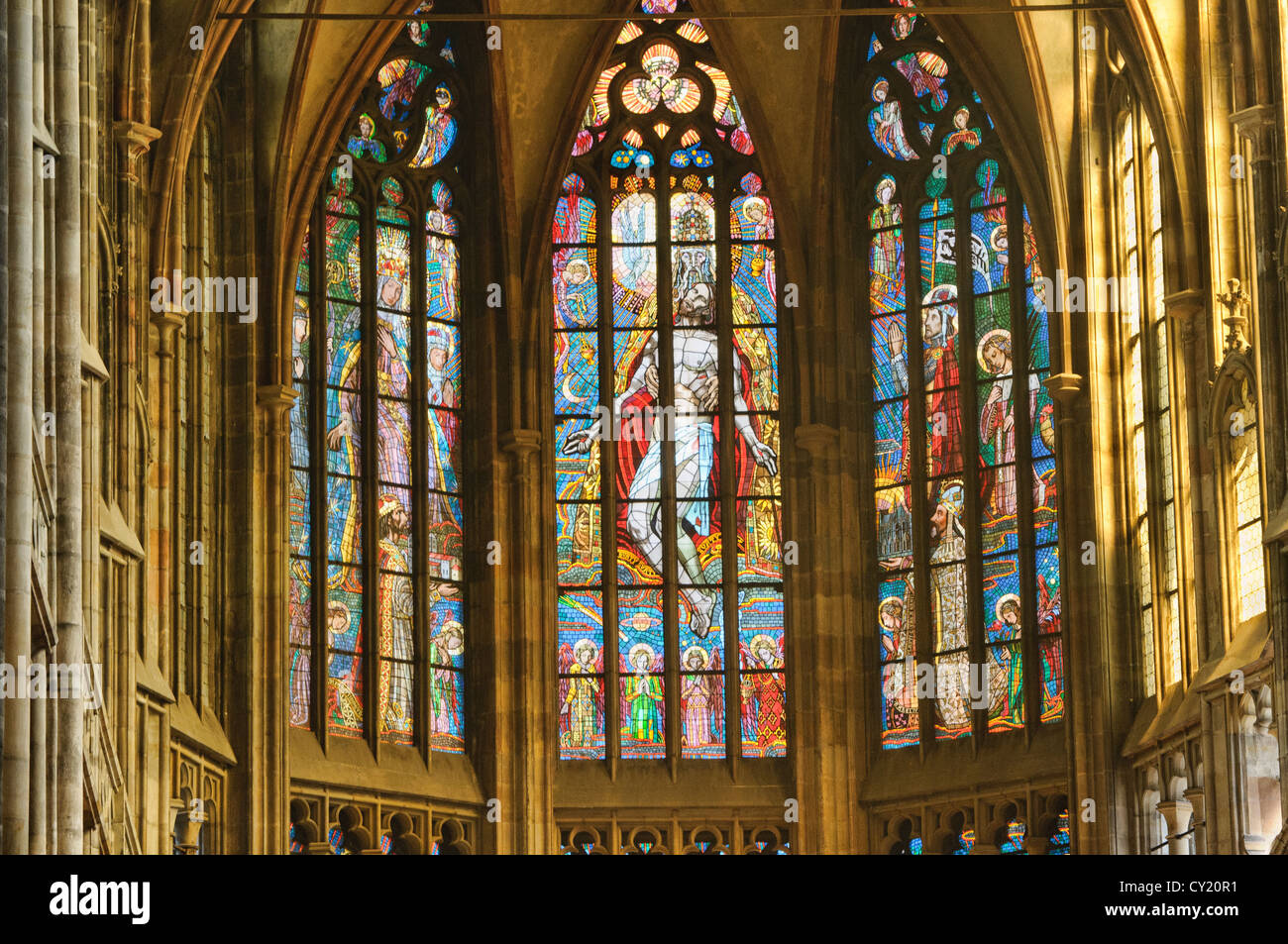 stained glass windows inside of St Vitus Cathedral at Prague Castle