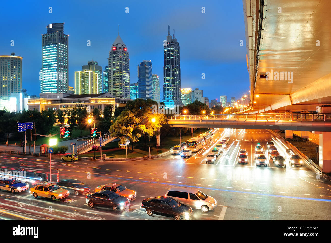 Shanghai street view with urban scene and busy traffic at dusk Stock ...