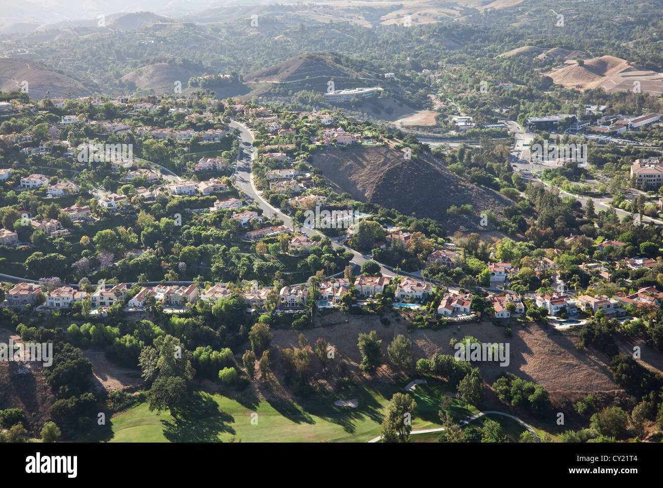 Aerial view of the neat suburb of Calabasas, Los Angeles, California