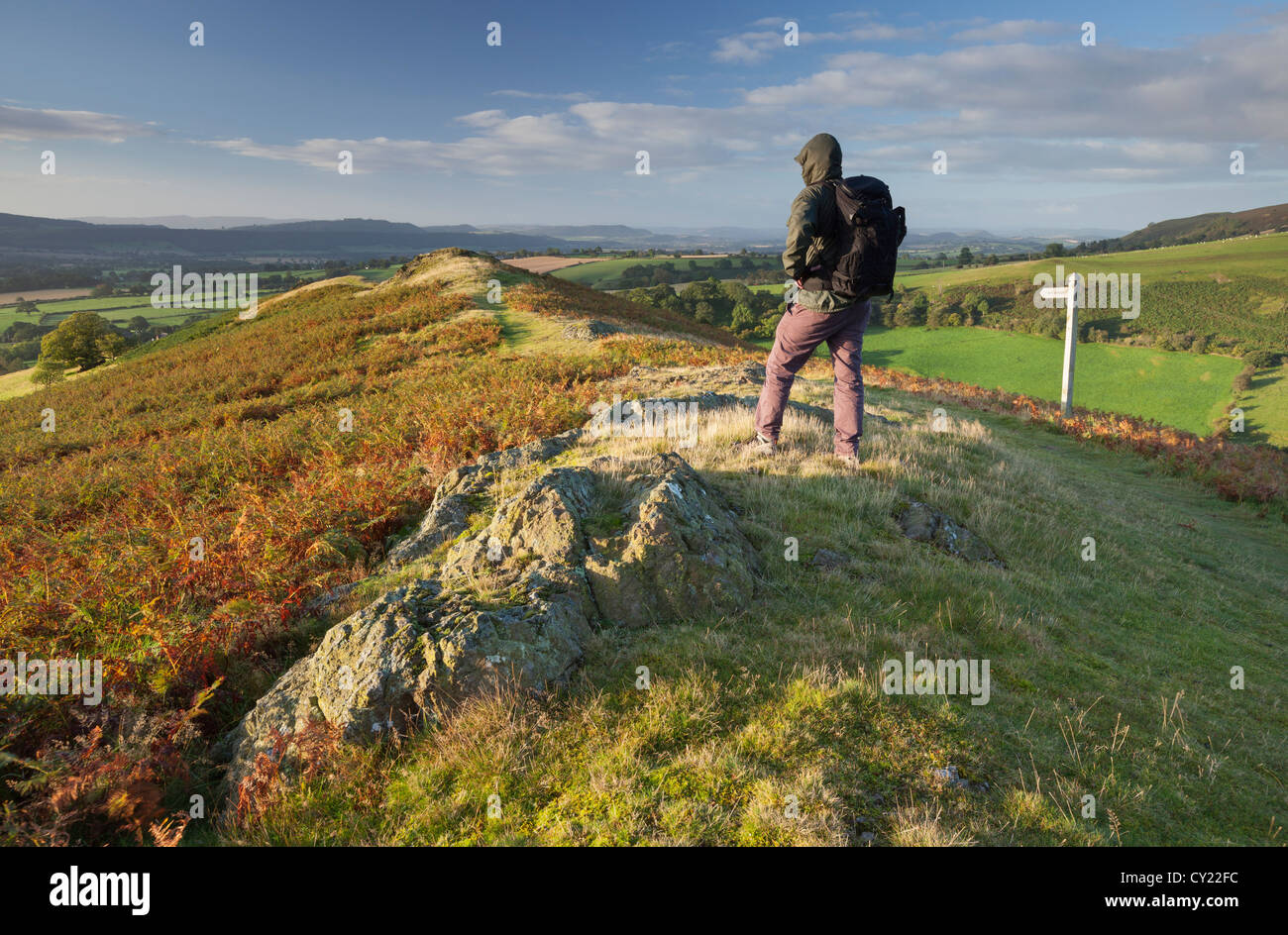 A walker on Hope Bowdler Hill in the Shropshire Hills Stock Photo