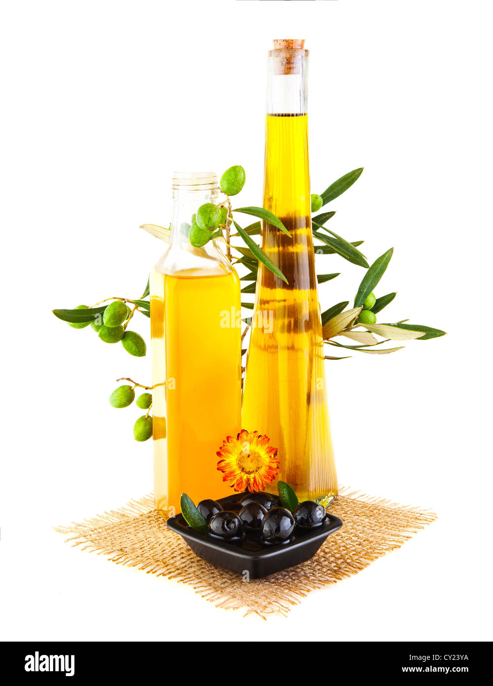 Picture of olive oil still life isolated on white background, natural