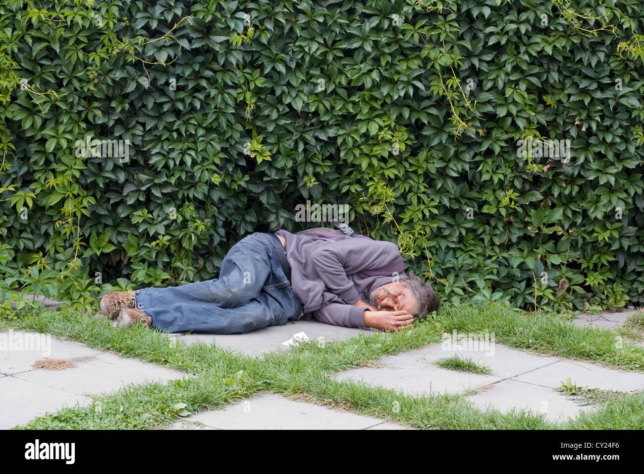 A Drunk asleep on the streets of Prague with A cut face Stock Photo