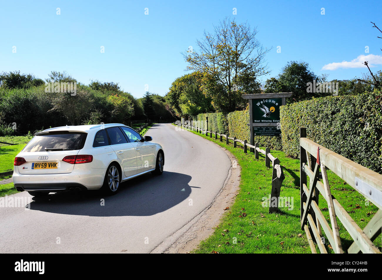 Entrance road to the famous West Wittering Beach car park, near
