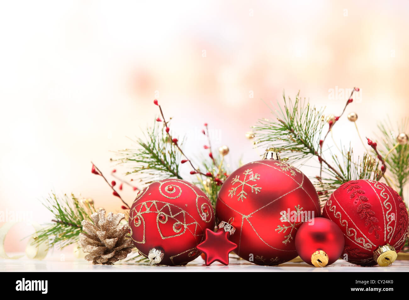 Closeup of red Christmas balls and fir branch on white background Stock ...