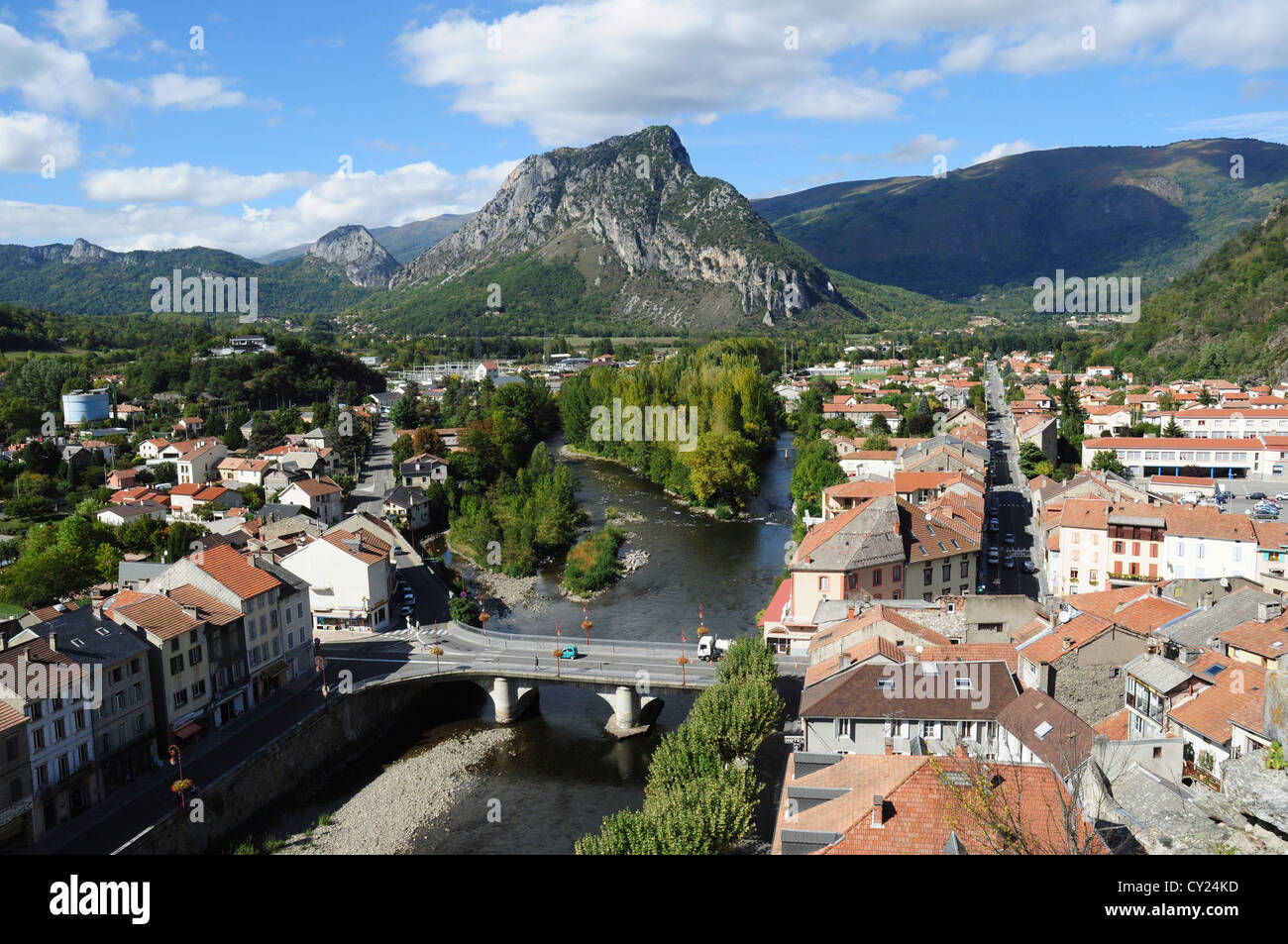 Overview of town, river and countryside, Tarascon-sur-Ariege, Ariege, Midi-Pyrenees, France Stock Photo