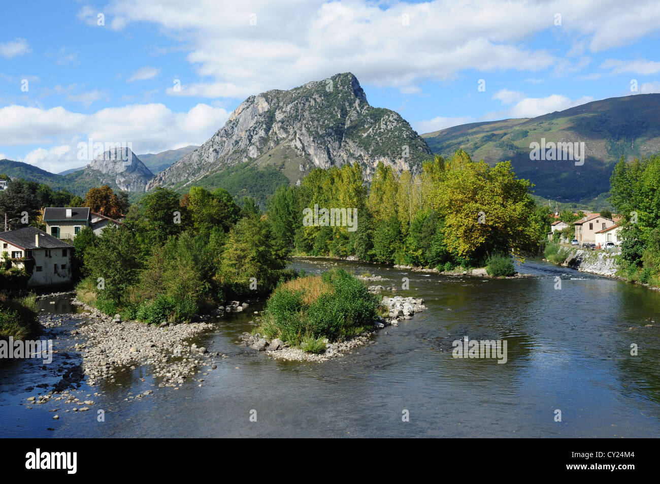 Overview of river and countryside, Tarascon-sur-Ariege, Ariege, Midi-Pyrenees, France Stock Photo
