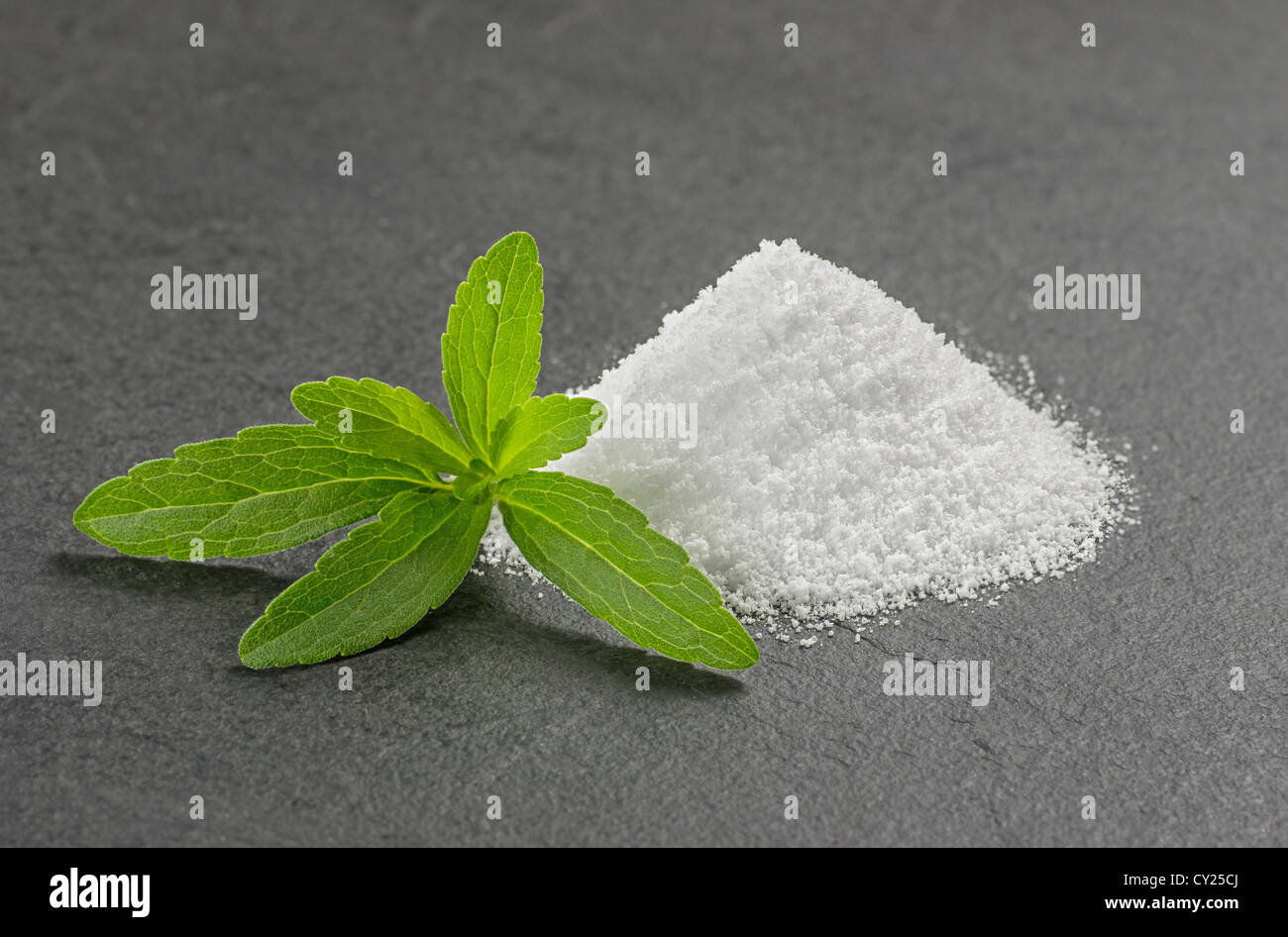 Stevia leaves with stevia powder on a slate plate Stock Photo