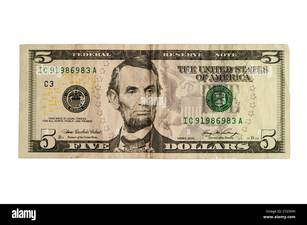 A five dollar note ( american currency ) on a white background Stock Photo