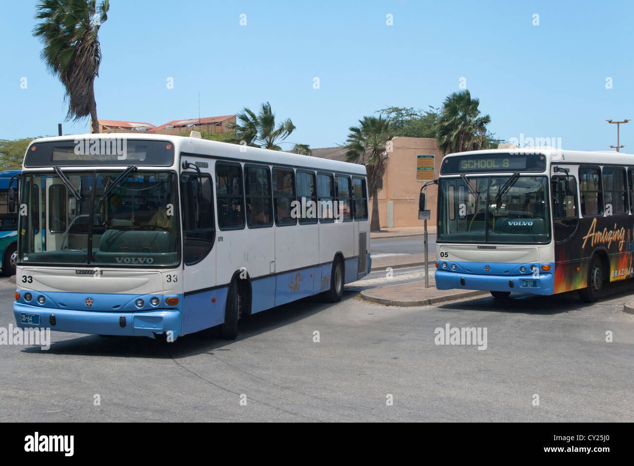 The main bus station in downtown Oranjestad on the Caribbean island of Aruba Stock Photo