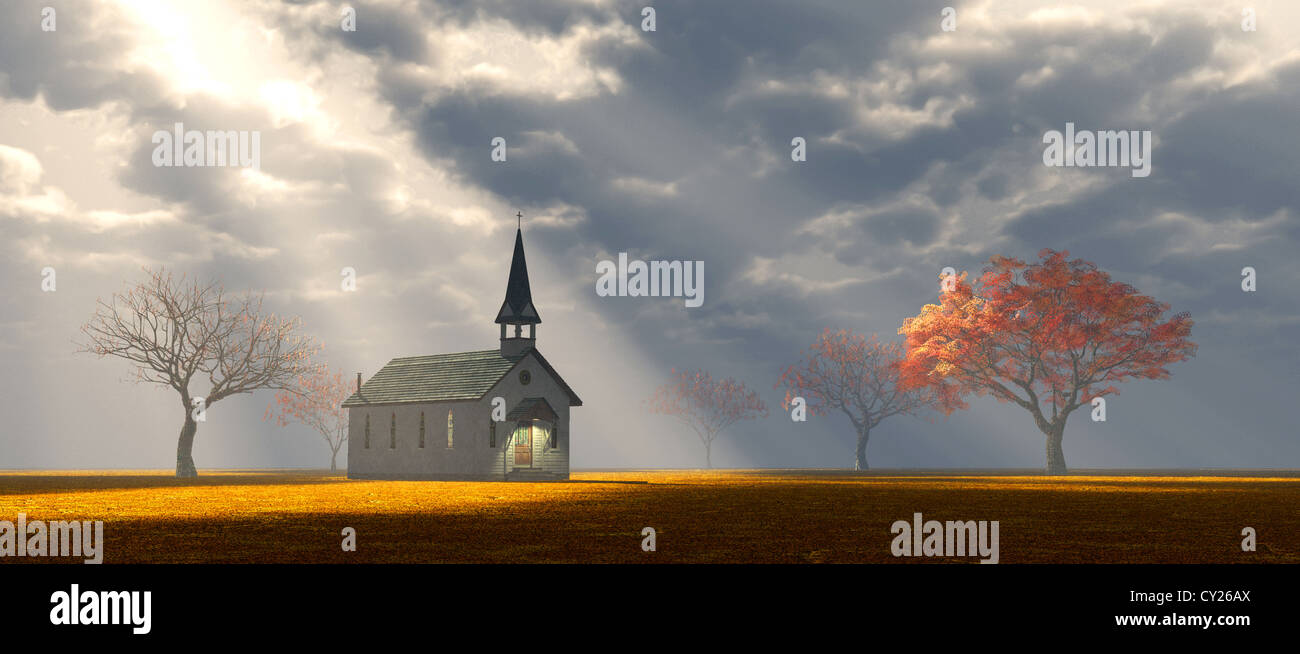 A little church in the middle of nowhere with Godrays shining down on it. Stock Photo