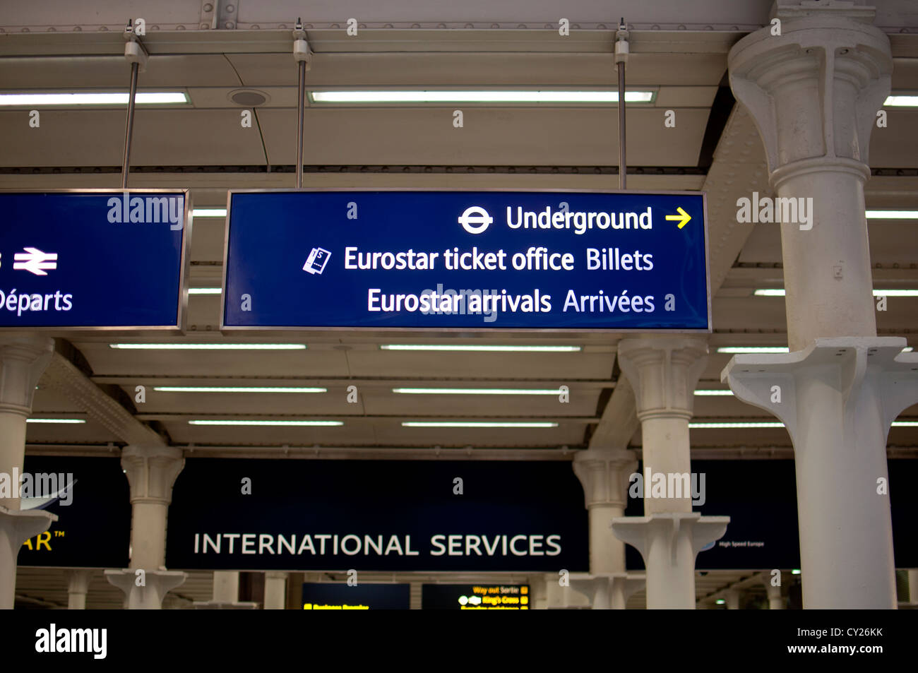 Eurostar sign, St. Pancras International railway station, London, UK Stock Photo