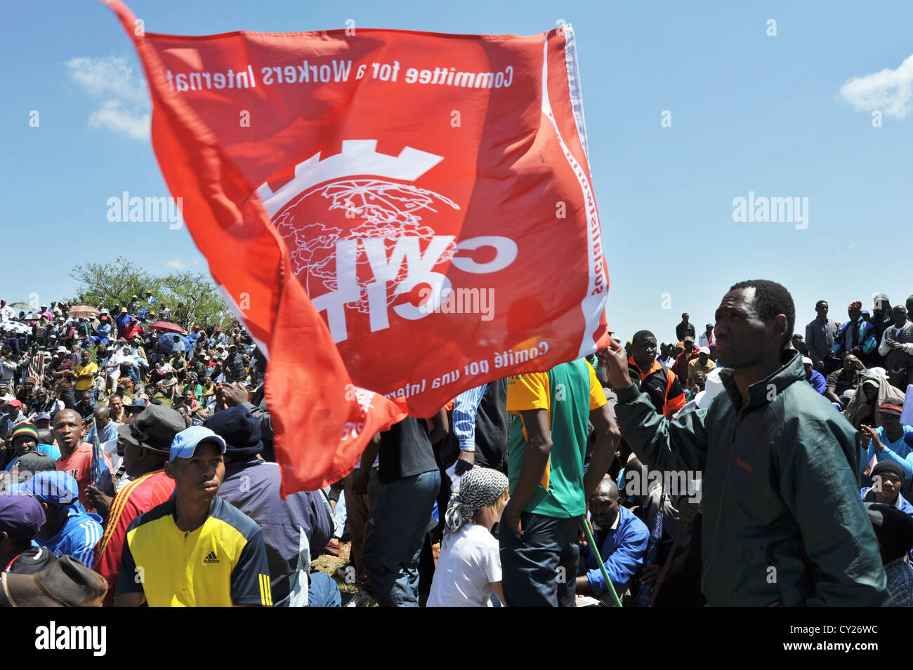 Members of the South African Democratic Socialist Movement addressing Striking Miners from Mponeng gold mine near Johannesburg. Stock Photo