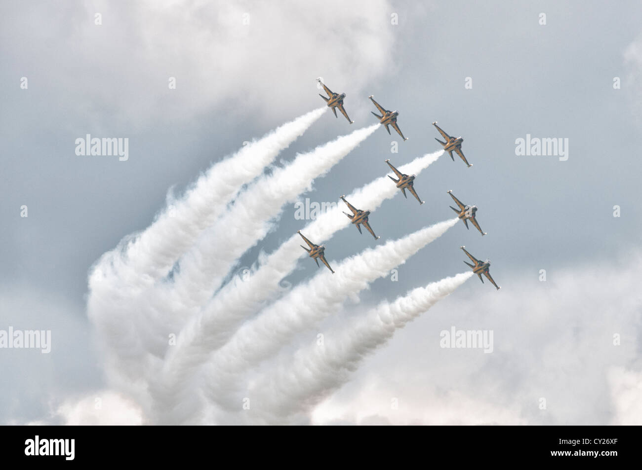 The Black Eagles display team from South Korea perform a  dynamic display of precision aerobatics in their T50B Jet Trainers Stock Photo