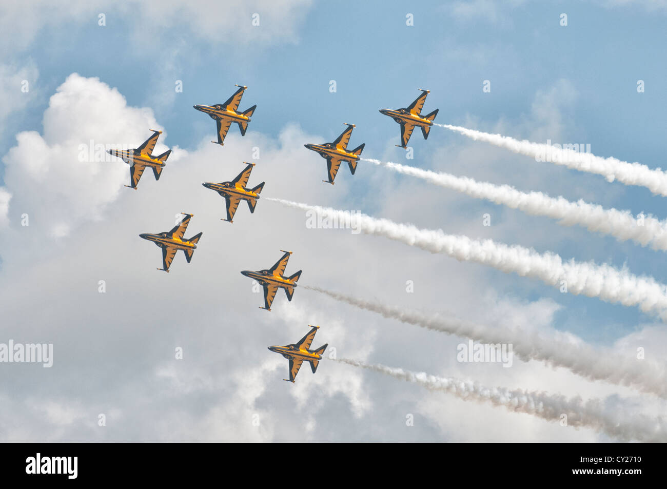 The Black Eagles display team from South Korea perform an amazing display of precision aerobatics in their Korean T50 Jets Stock Photo