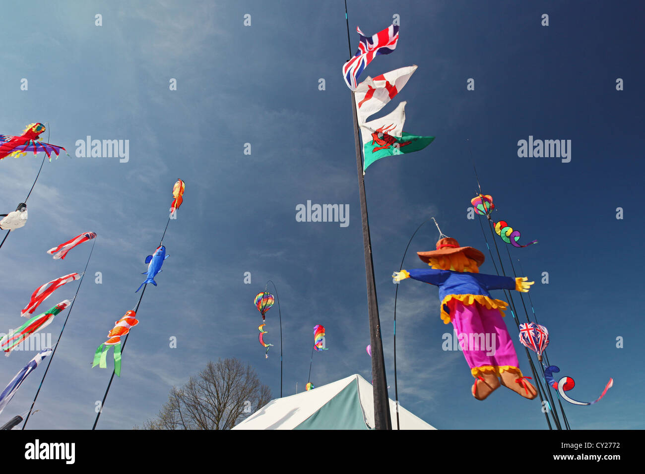 Colourful mobiles and flags flying at the RHS Malvern Show, Worcestershire, England, UK Stock Photo