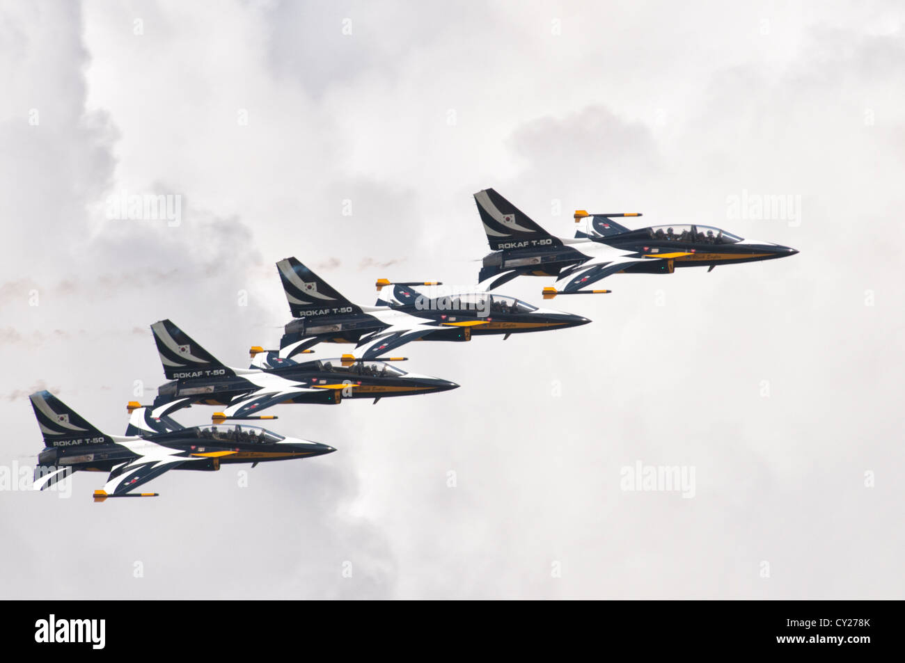 The Black Eagles display team from South Korea perform an amazing and dynamic display of precision aerobatics in their T-50 Jets Stock Photo