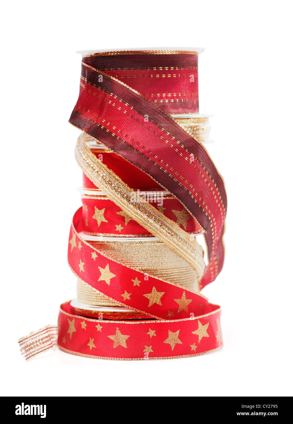 Rolls of decorative ribbons used in christmas gift wrapping Stock Photo