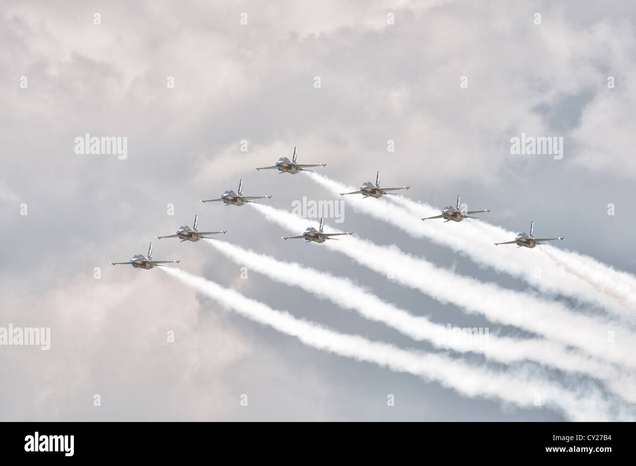 The Black Eagles display team from South Korea perform an amazing display of precision aerobatics in their Korean T-50B Jets Stock Photo