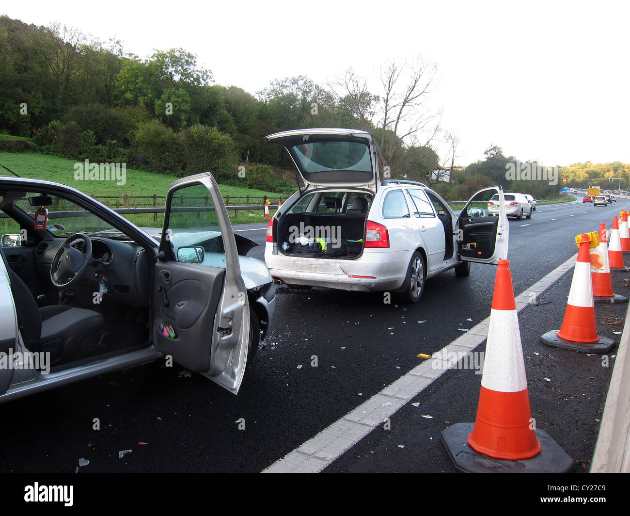 Car crash on the M4 motorway, near Newport in South Wales, vehicles