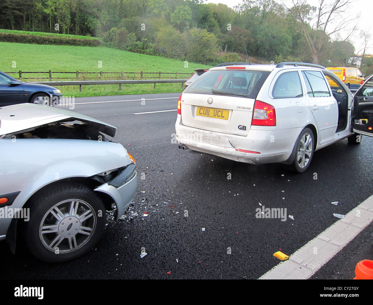Motorway car crash, in the outside lane on the M4 near Newport in South