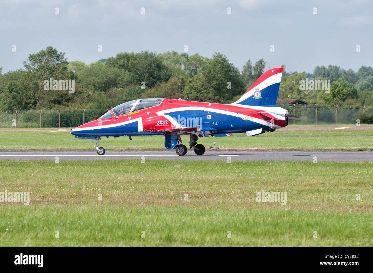 BAe Hawk T1 Jet Trainer on the runway after displaying at the 2012 Royal International Air Tattoo RAF Fairford, England. Stock Photo
