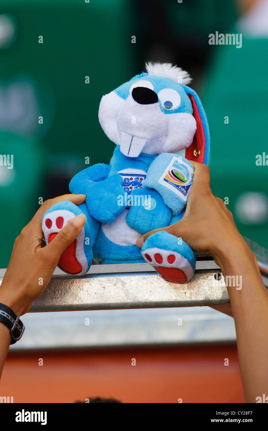 England coach Hope Powell places a national team mascot stuffed toy on the team bench overhang before World Cup match v. Mexico Stock Photo