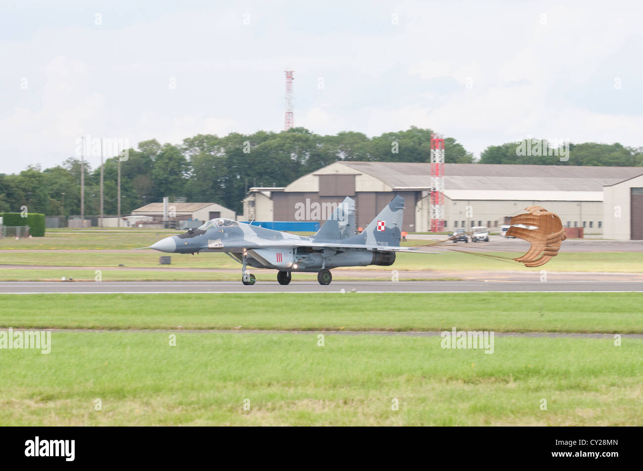 Mikoyan MiG-29A Fulcrum Russian Air Superiority Jet Fighter Aircraft deploys its drogue parachute while landing at the 2012 RIAT Stock Photo