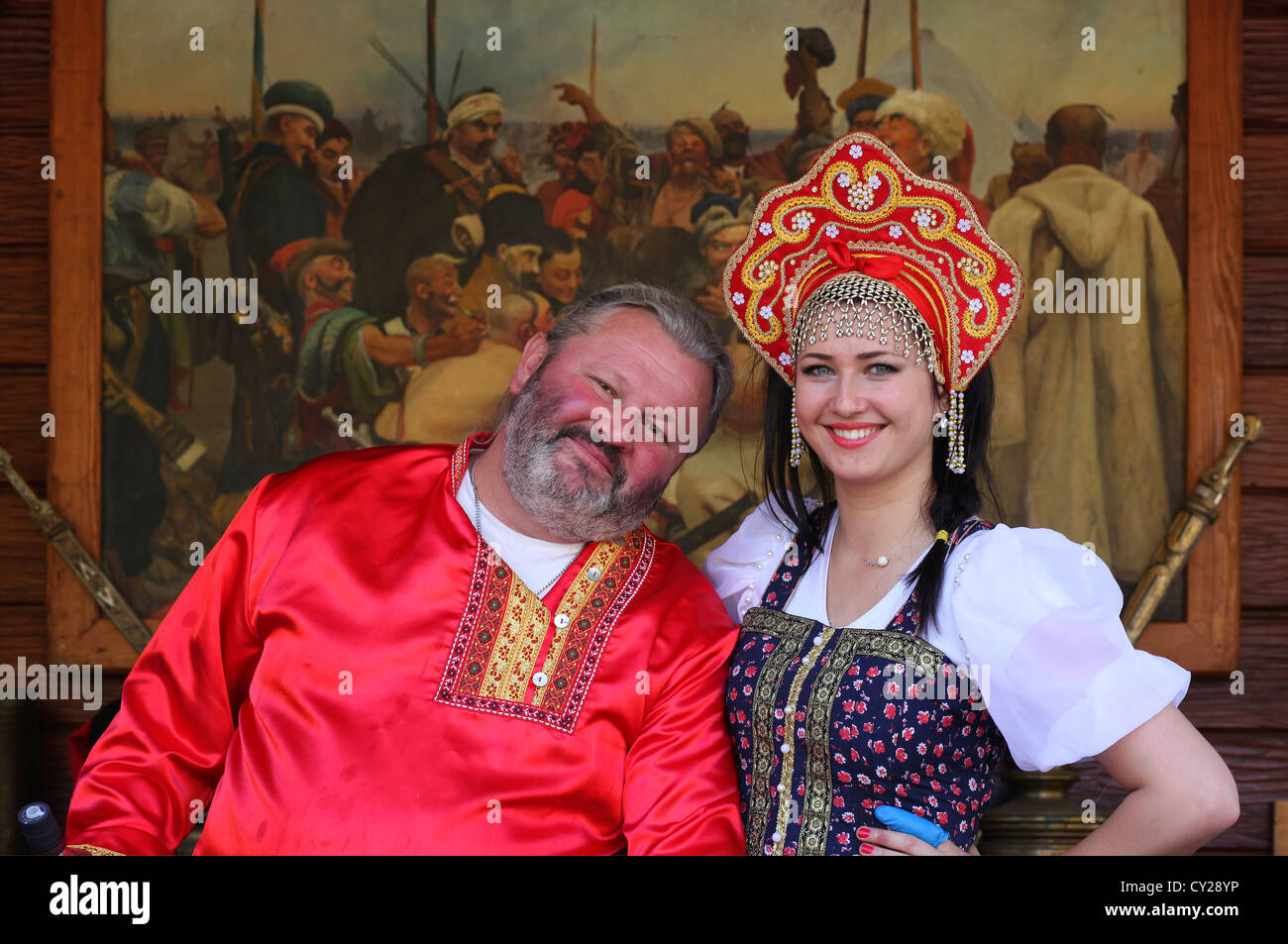 Ukrainian people wearing Ukrainian traditional clothing which contains elements of Ukrainian ethnic embroidery. Stock Photo